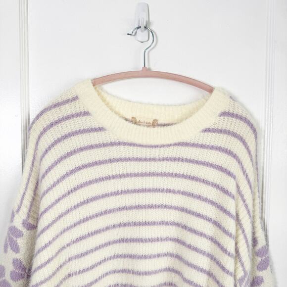 Altar’d State Fuzzy Teddy Cream Purple Floral Striped Haley Sweater Size Large L - Picture 3 of 11